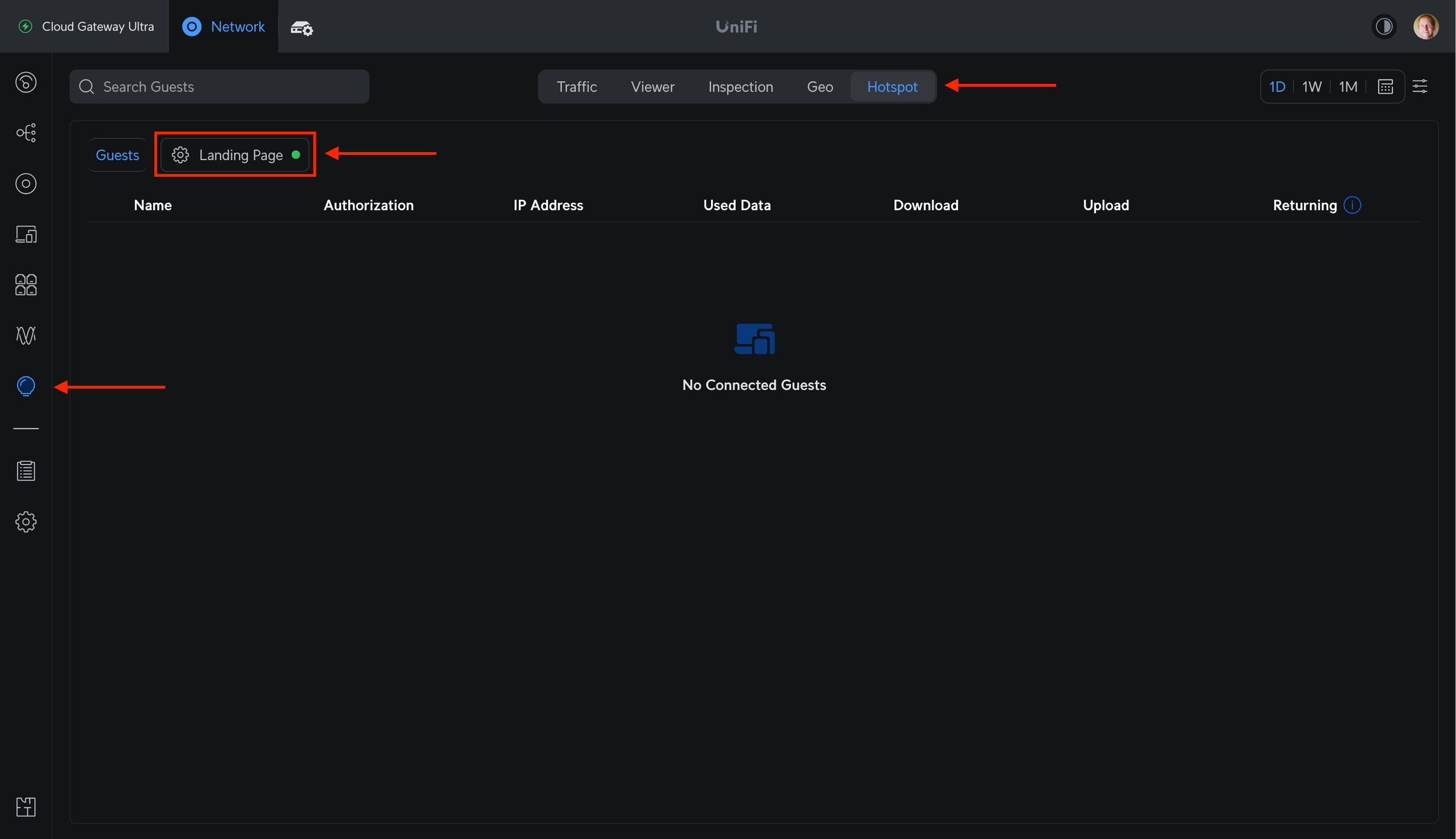 Переход в раздел Insights → Hotspot → Landing Page