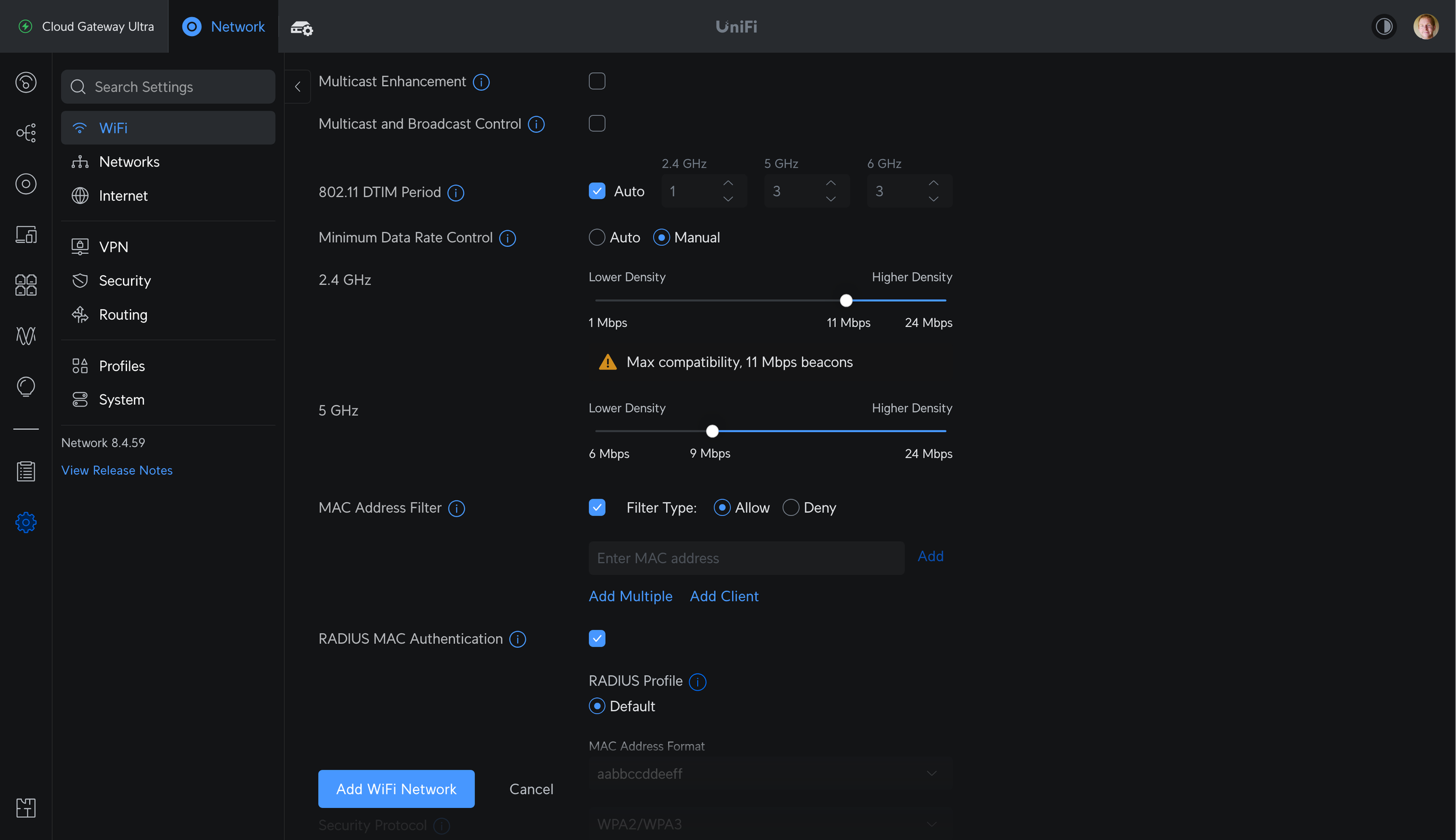Настройки DTIM и минимальной скорости передачи данных в UniFi Network