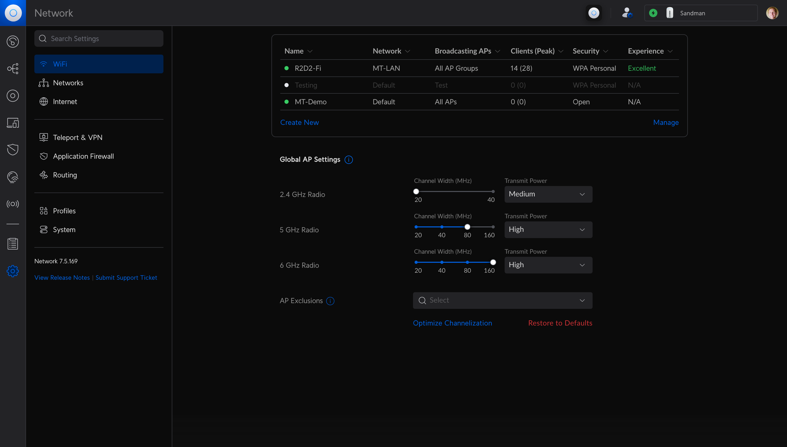 Устаревший интерфейс Wi-Fi Settings в версии v7.5.169 до того как была внедрена панель Radio Manager